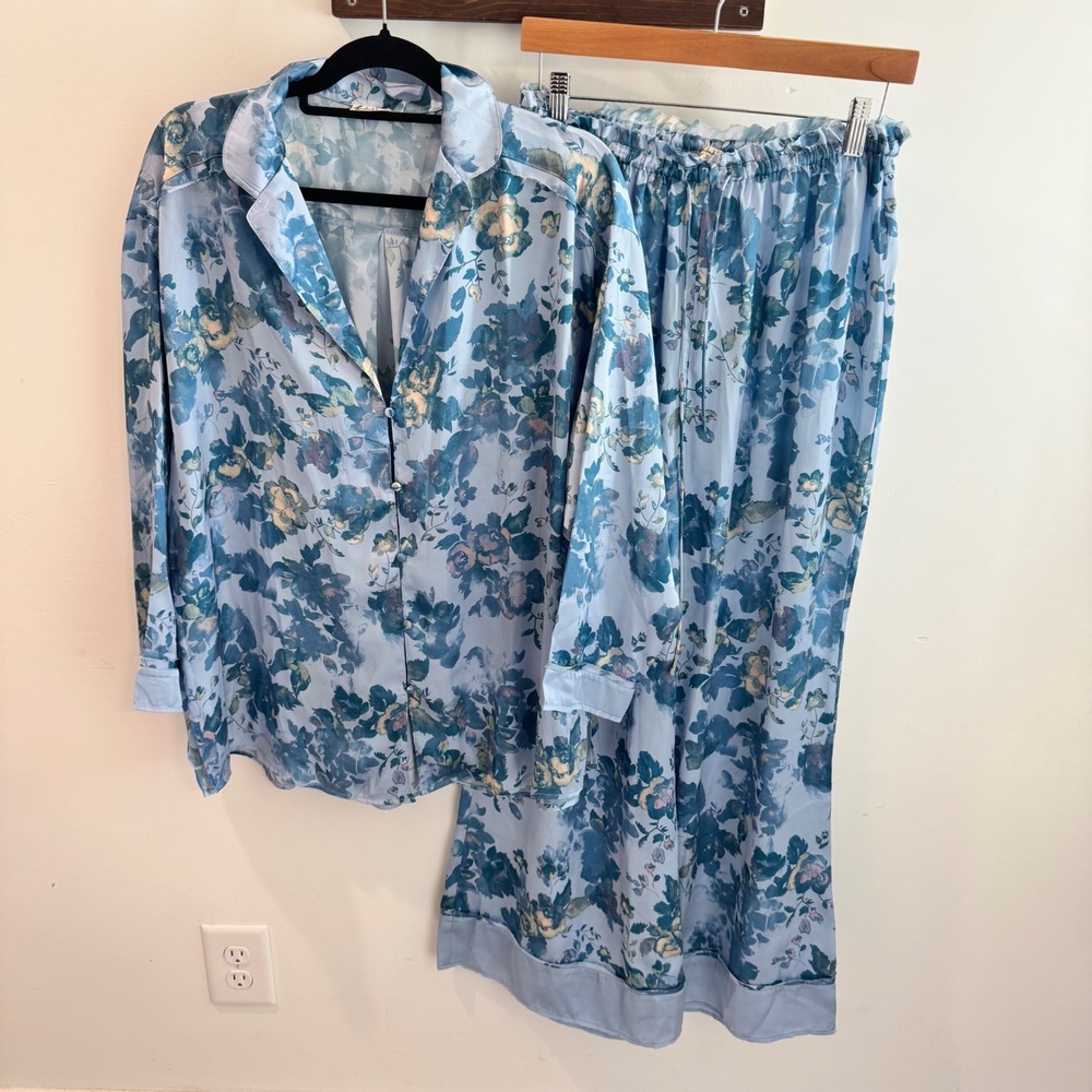 Free People Dreamy Days Floral Pajama Set Blue Satin Long Sleeve Wide Leg Small